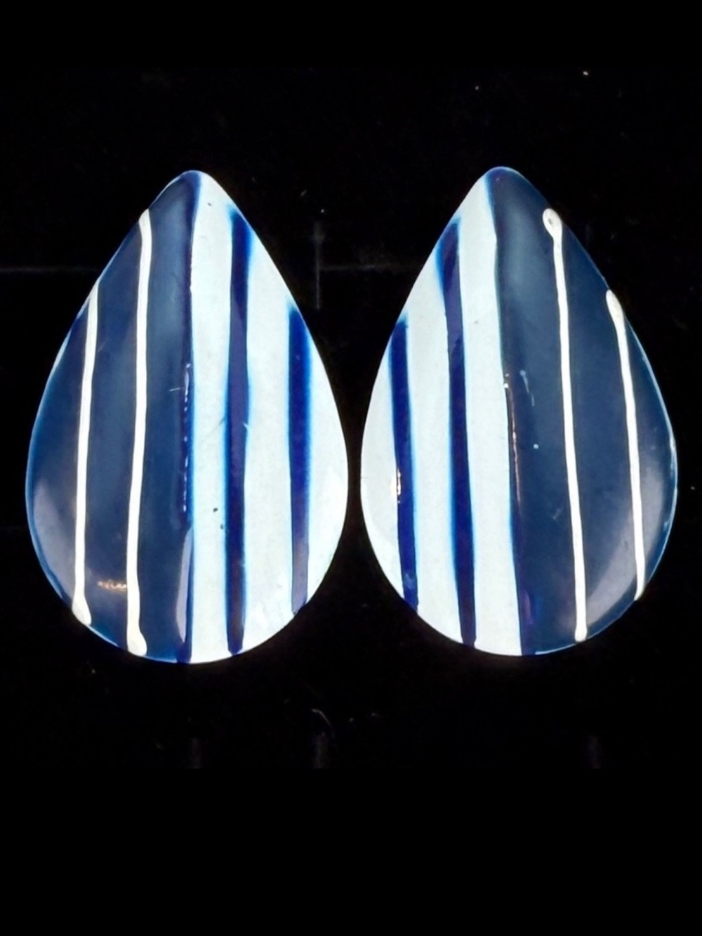 Vintage lightweight, teardrop, white, and blue striped pierced earrings
